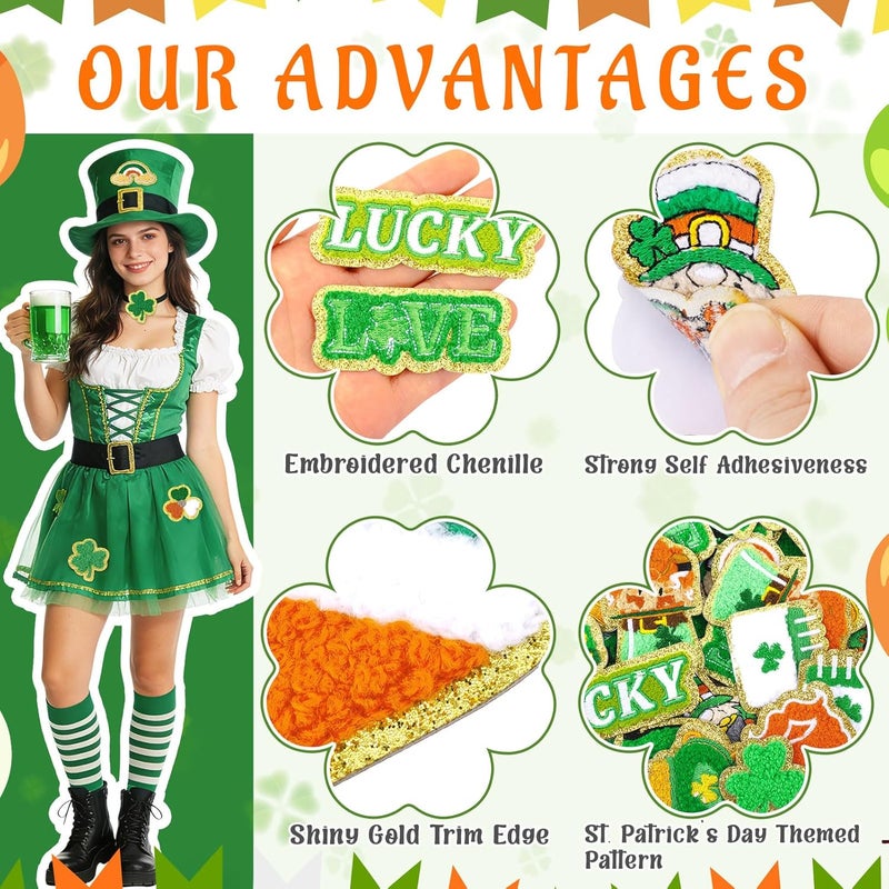 FOGWOWO 50 Pcs St. Patrick's Day Patches Self Adhesive Shamrock Patches Stick on Chenille Irish Clover Lucky Stickers Embroidered Lucky Love Rainbow Hat Patch for Backpacks Holiday Decor - Image 4